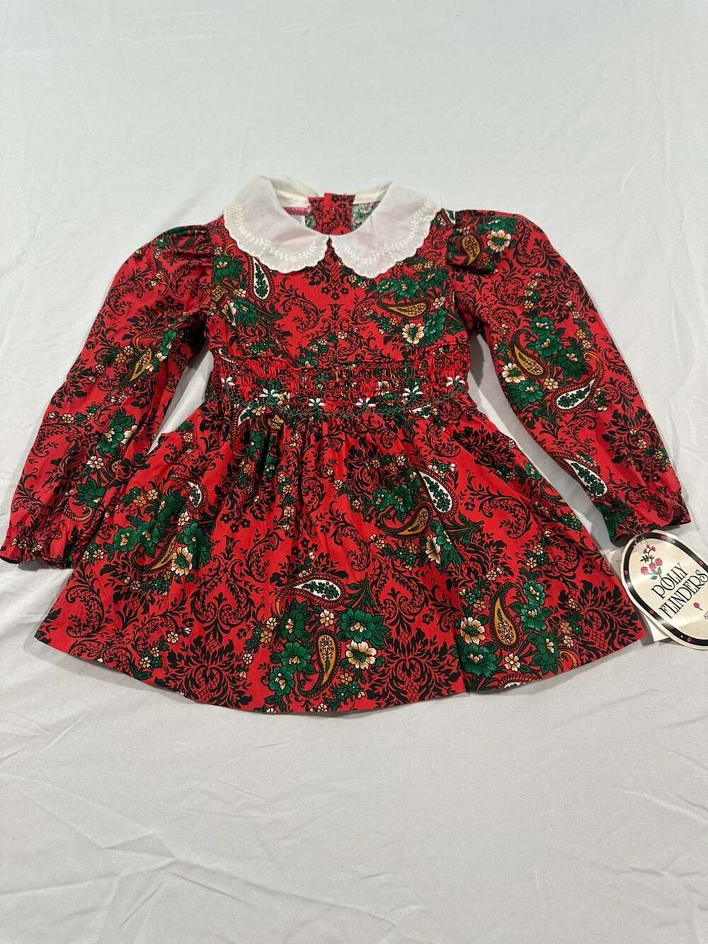 Polly Flinders Vintage Red Paisley Print Dress with Smocked Bodice, Size T3